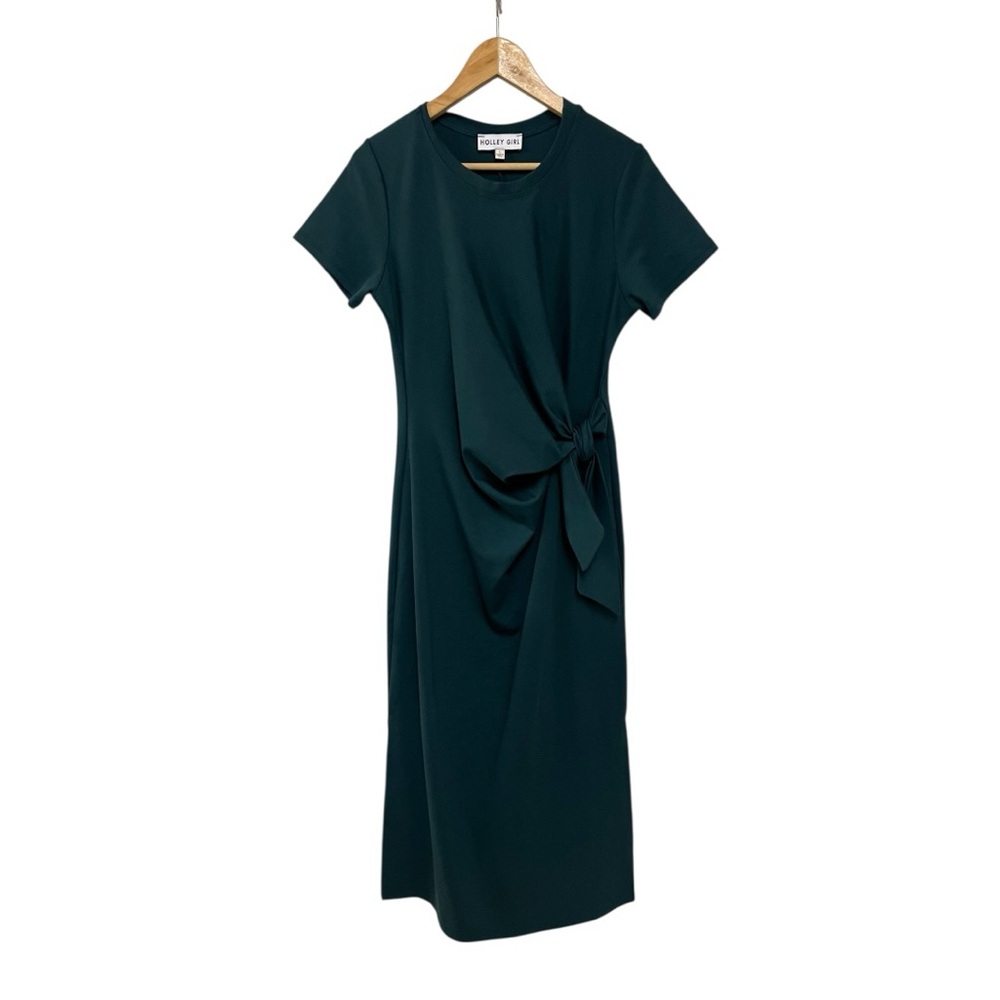 HOLLEY GIRL  Front Tie Side Slit Midi Dress Large Green Short Sleeve
